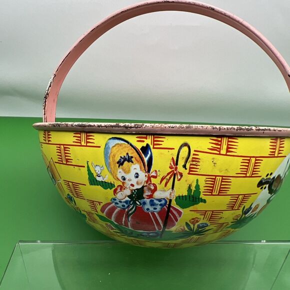 Vintage J Chein Easter Tin Toy Basket Storybook Characters Made in USA 1950s - Picture 4 of 8